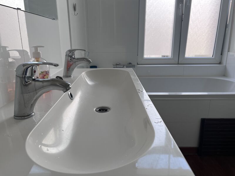 Bathroom with white bathtub, large washbasin and window daylight in the Brussels apartment