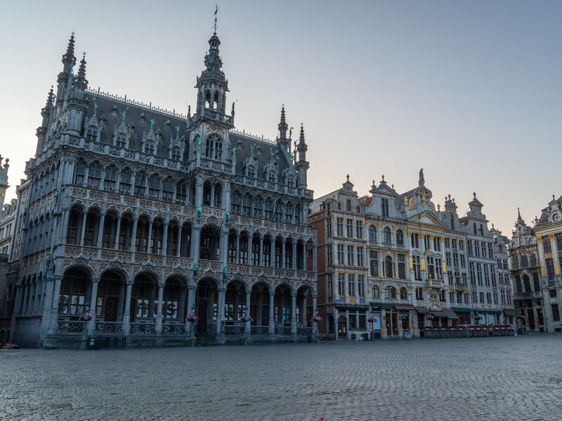 The Maison du Roi and the guildhouses of the Grand-Place in Brussels at first light, the square empty